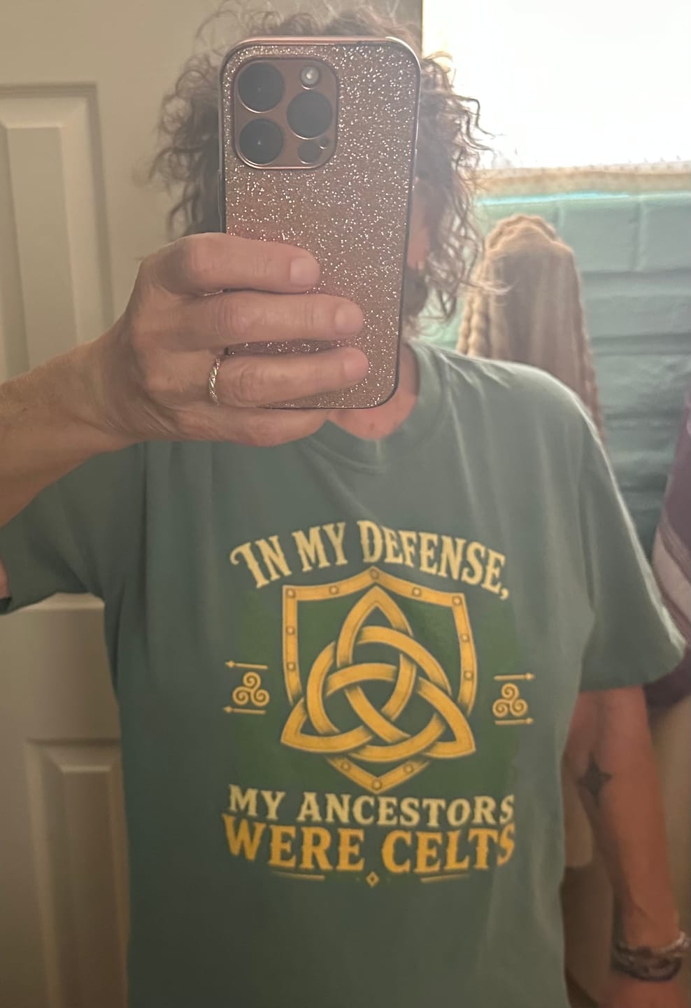 Customer photo review of In My Defense My Ancestors Were Celts Shield Premium Tee