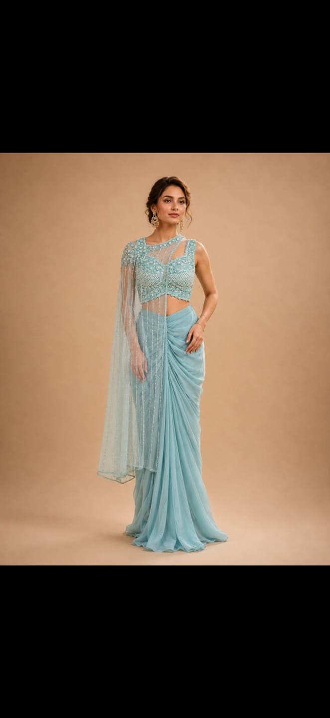 Customer photo review of Powder Blue Pearl Draped Saree Ensemble
