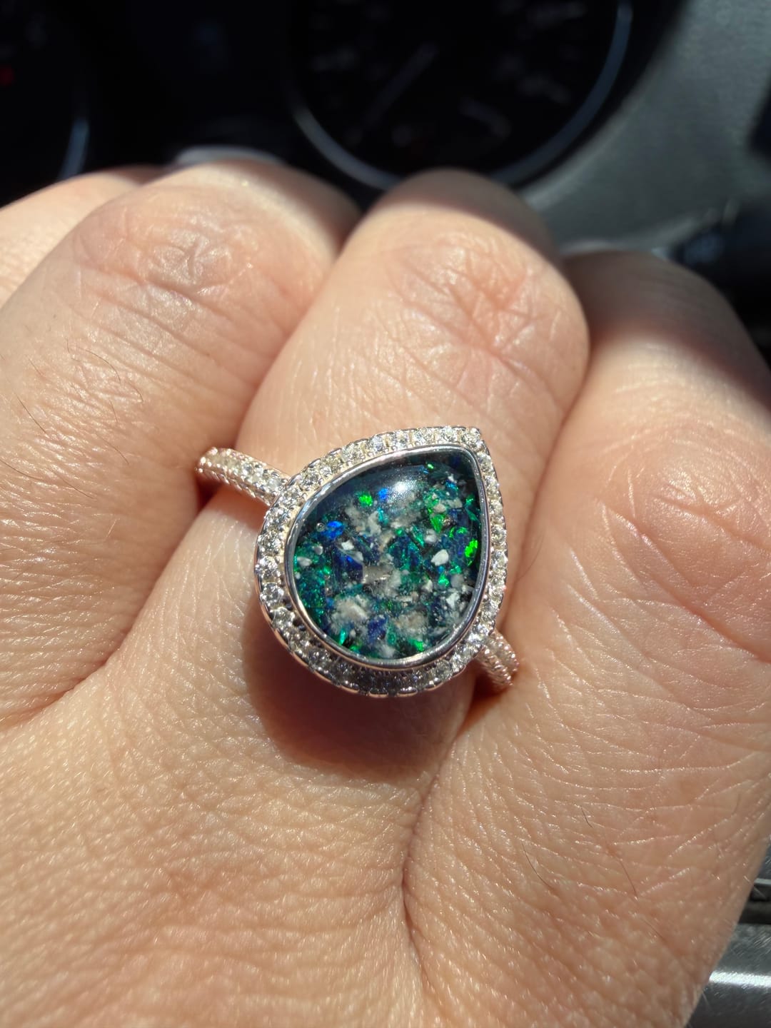 Customer photo review of Bedazzled Pear Opal Ring with Cremation Ashes