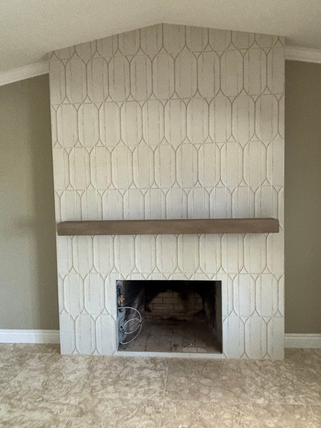 Customer photo review of Flat Sawn Non-Combustible Concrete Mantel Shelf Pale Honey Finish