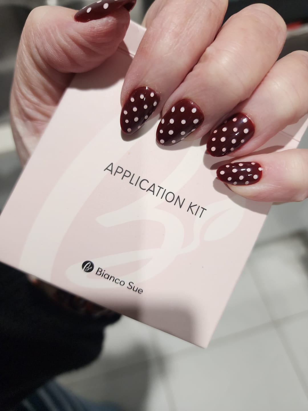 Customer photo review of Cherry Dot | Salon Quality Press-on Nails Kit – Super Short Almond Cherry Red with White Polka Dots