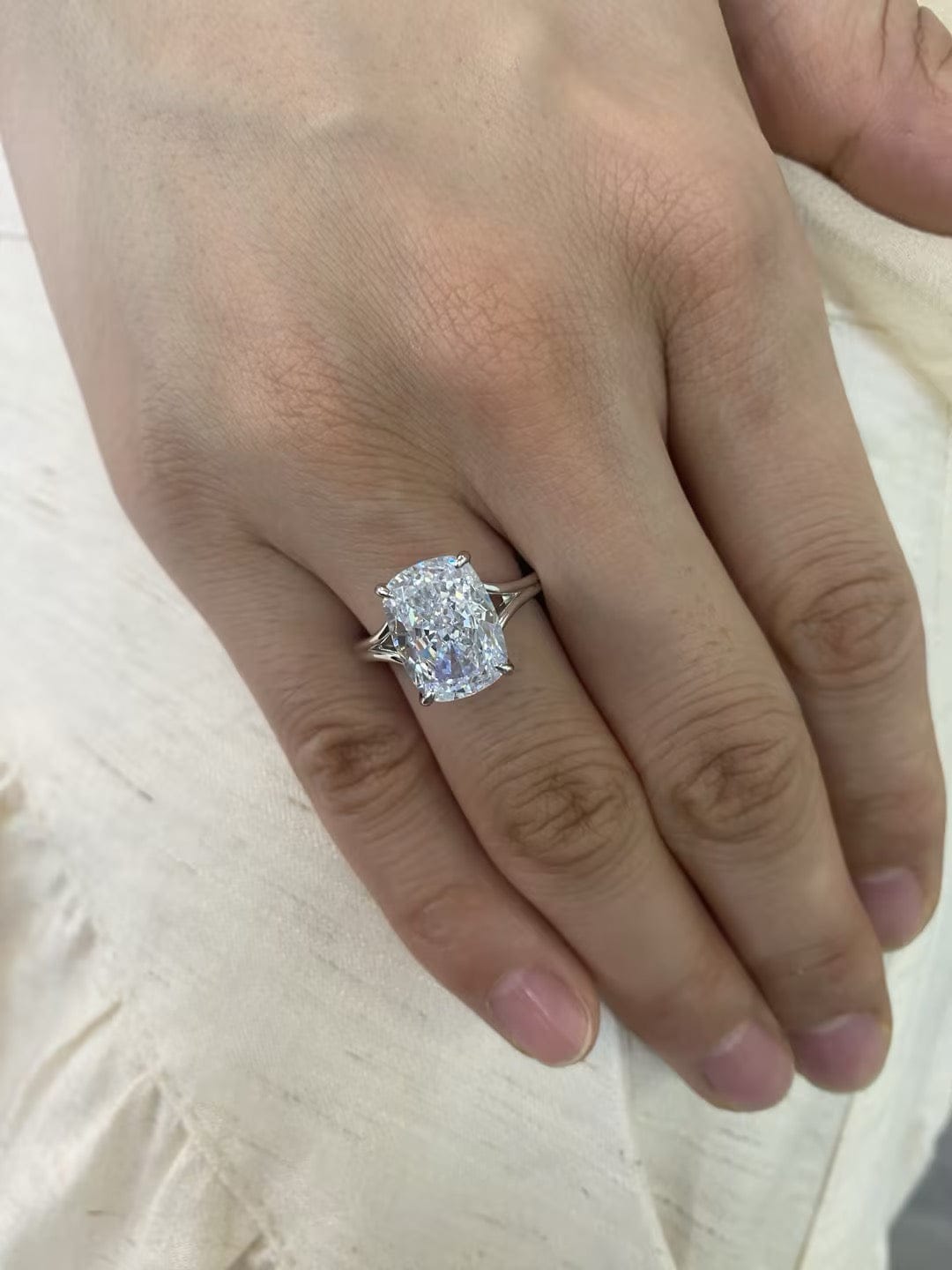 Customer photo review of S925 5.5Ct Cushion Cut Split Shank Engagement Ring Gold Plated Hidden Halo Bridal Ring For Everyday Wear