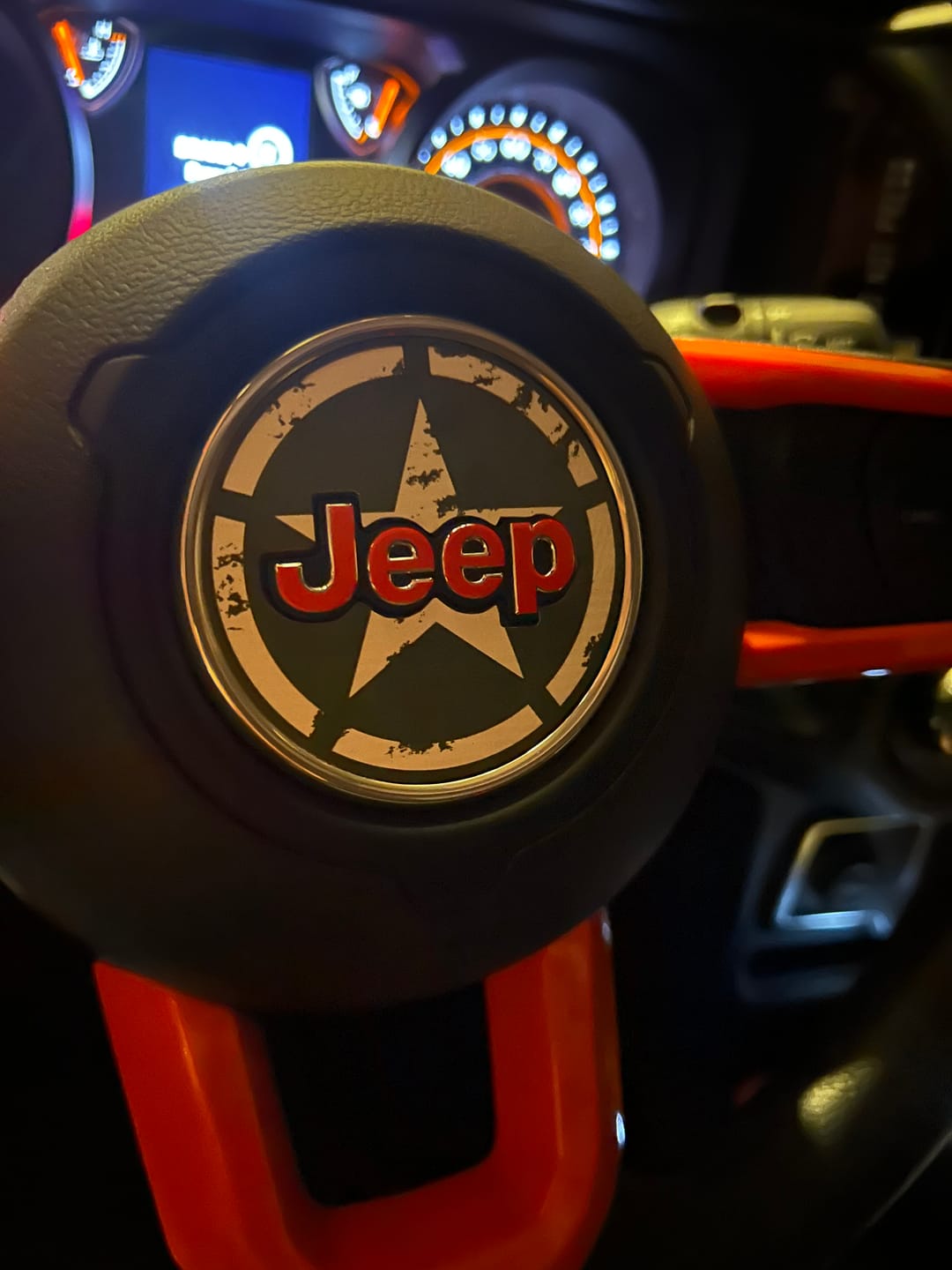 Customer photo review of JEEP Steering Wheel Emblem Overlay Decal — 30+ Colors & Designs (Flag, Topo, Animal, Solid)