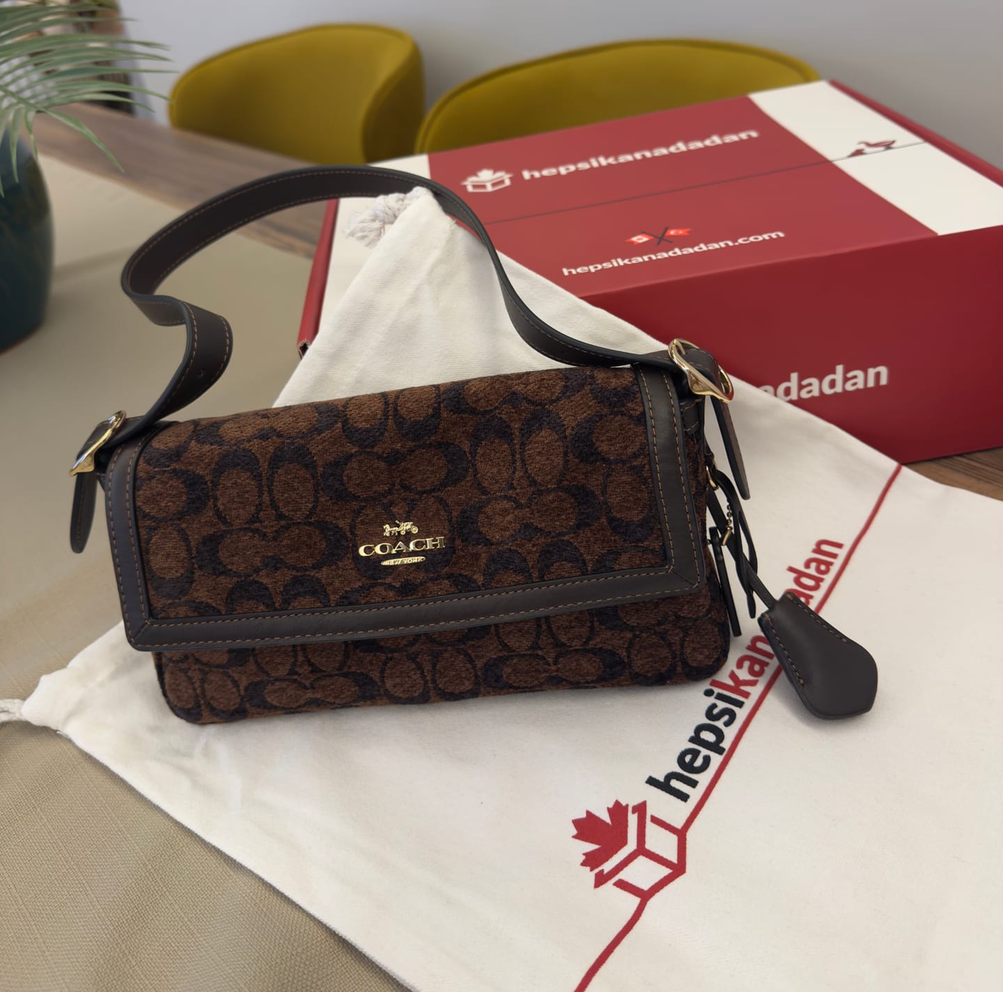 Customer photo review of Coach Women's Etta Small Flap Shoulder Bag In Signature Chenille Gold/Truffle