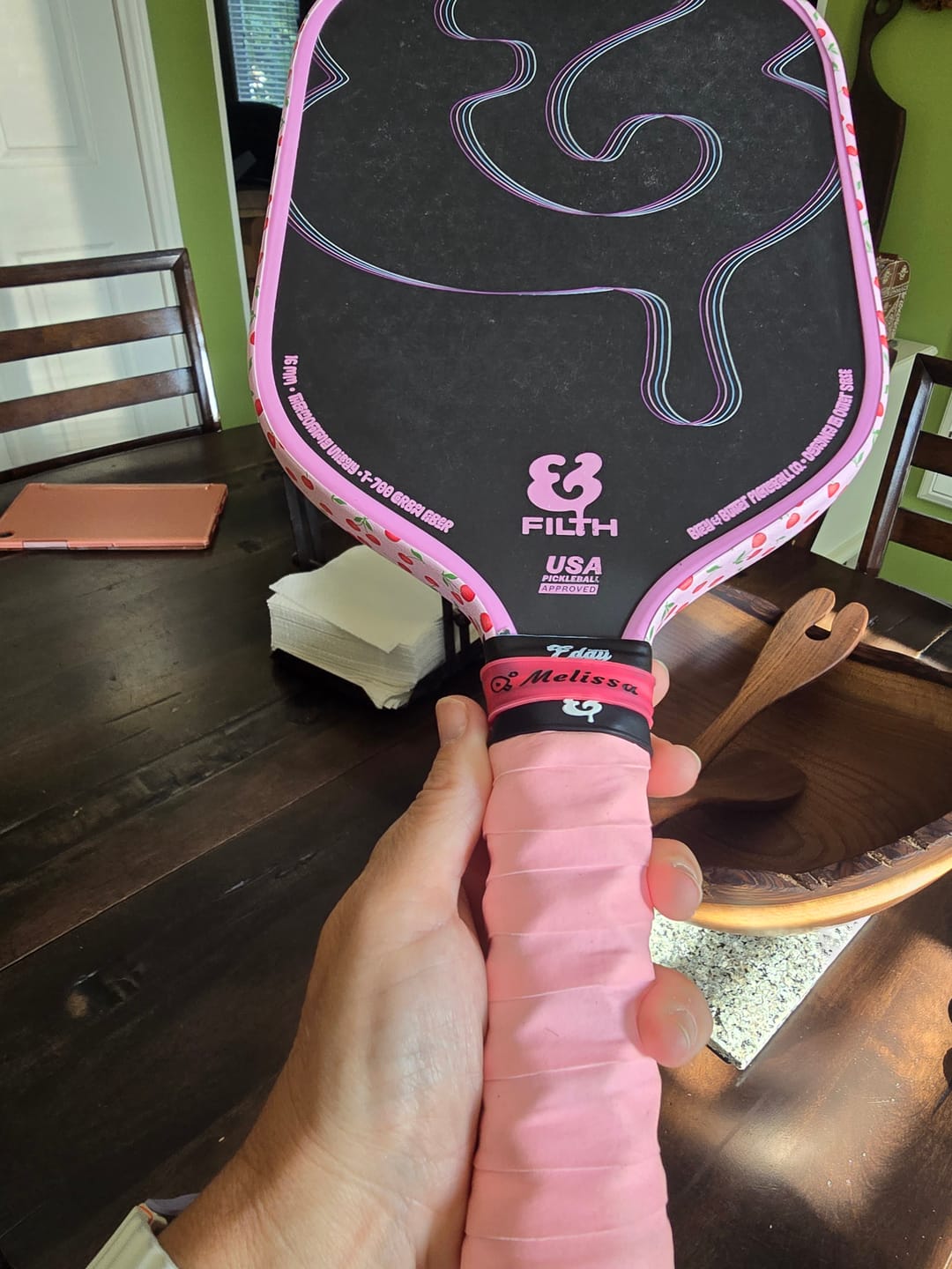 Customer photo review of Cherries Edge Tape (3 pack) - Pickleball Paddle Edge Tape