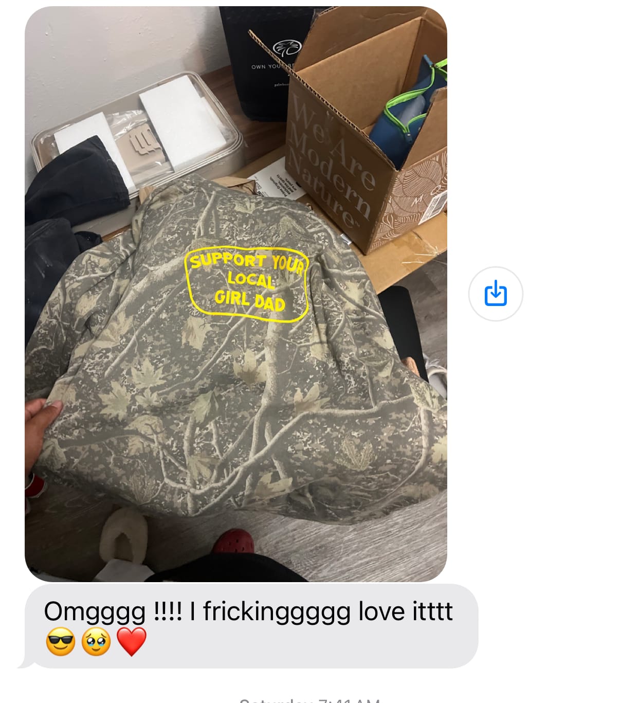 Customer photo review of Support Your Local Girl Dad Hoodie (Tree Camo Edition)