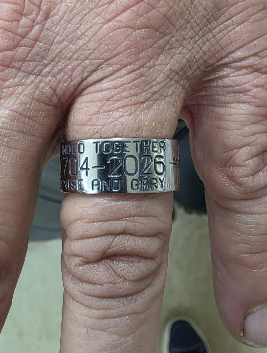 Customer photo review of Duck Band Wedding Ring with Laser Carved Ducks
