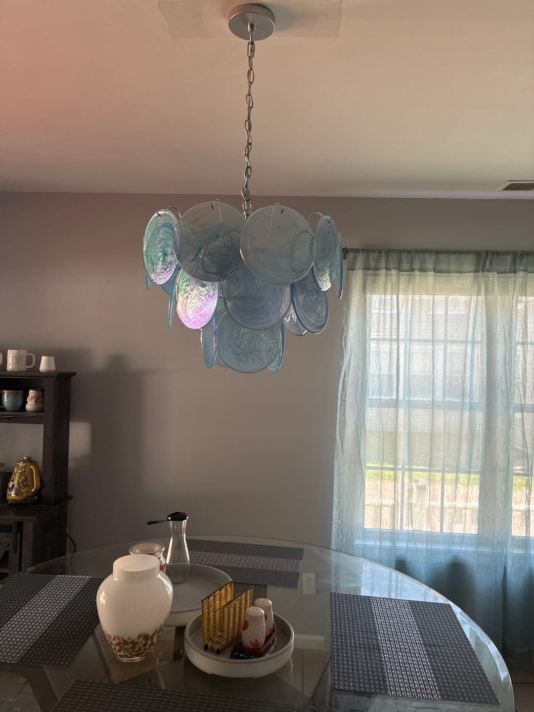 Customer photo review of Glam Blue Iridescent Swirl Glass Round Tiered Chandelier