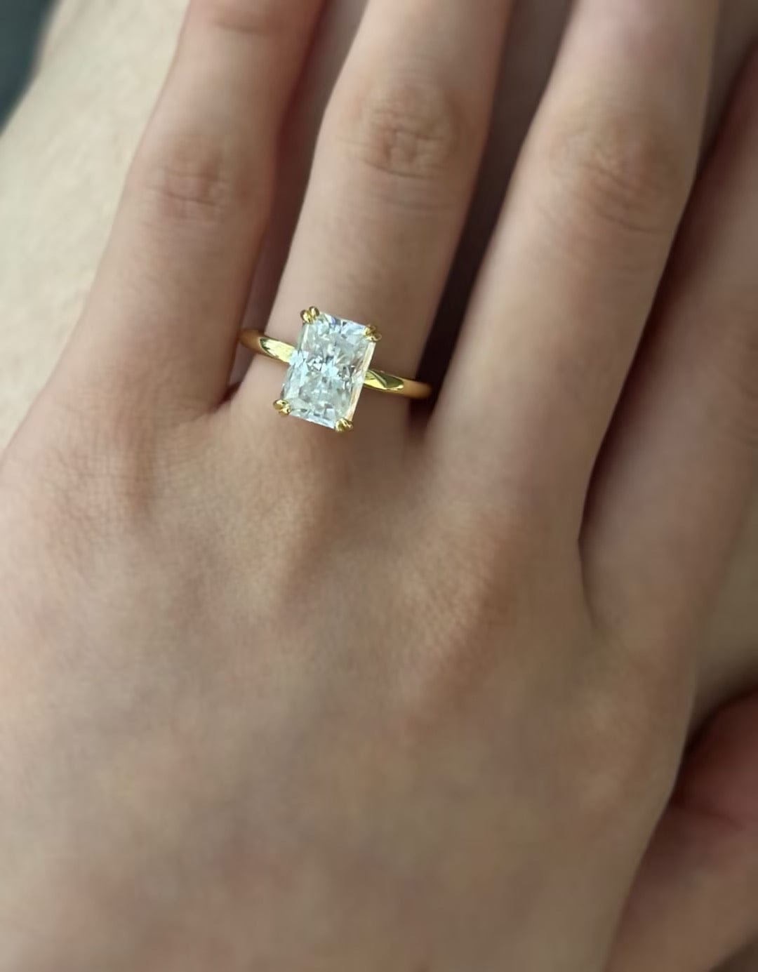 Customer photo review of S925 Moissanite 3.5Ct Radiant Cut Hidden Halo Engagement Ring 18K Yellow Gold Plated Promise Wedding Ring For Women