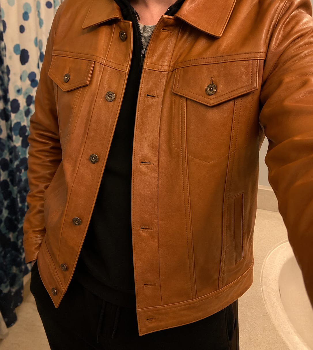 Customer photo review of Wicked Sienna Brown Leather Trucker Jacket For Men