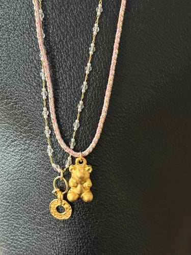 Customer photo review of Turkish GOLD Gummy Necklace CRYSTAL LACE CHAIN, GOLD TURKEY CHARM,  MIXED CORD (SURPRISE)