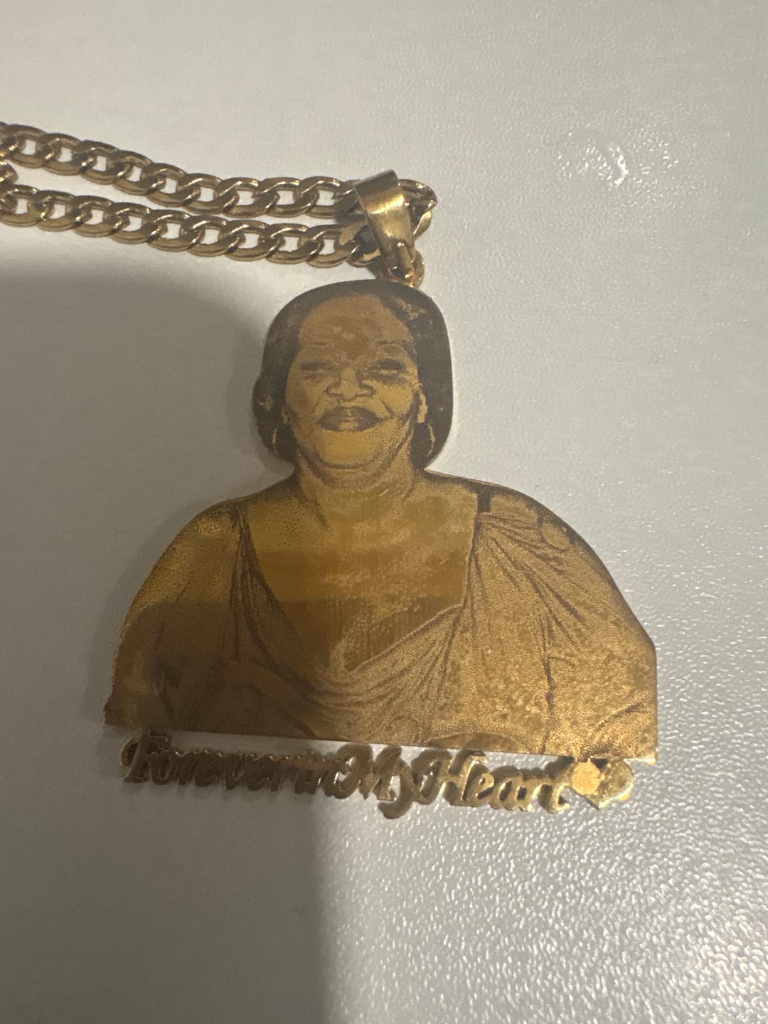 Customer photo review of Custom Photo Engraved Pendant Necklace