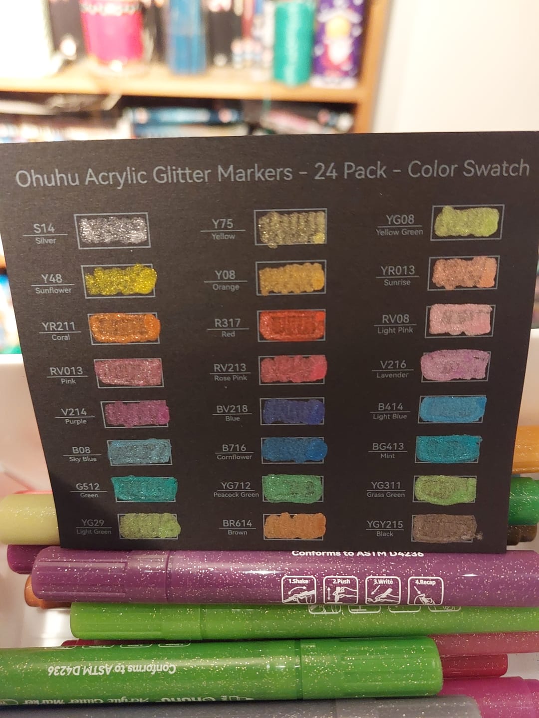 Customer photo review of Ohuhu Acrylic Metallic Glitter Markers, 24 Colors - 0.7mm & 3mm Tip Paint Pens