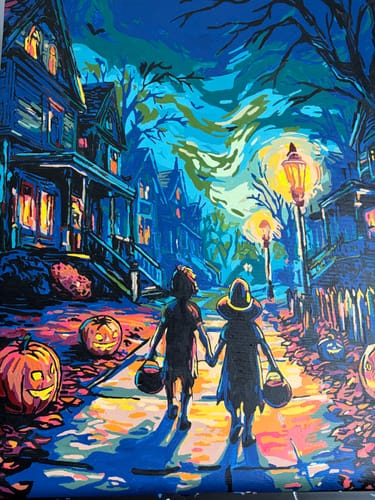 Customer's completed 'Halloween Treats' paint-by-numbers showing a colorful, spooky street with two trick-or-treaters.