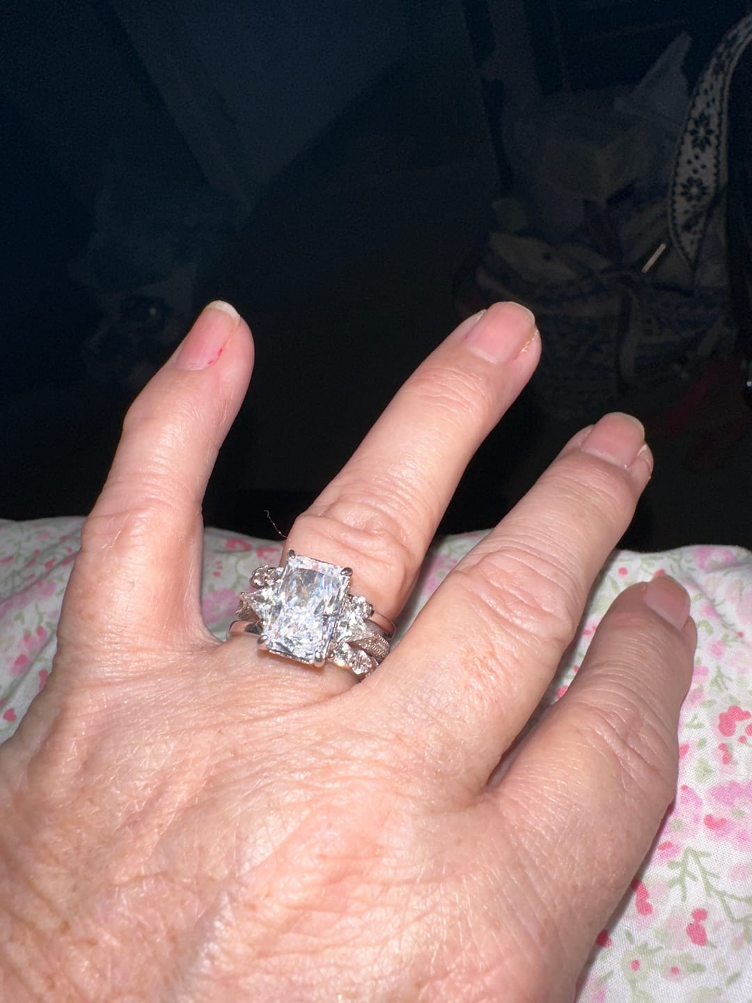 Customer photo review of S925 3PC 5.0Ct Radiant Cut Wedding Ring Set White Gold Side Stone Engagement Rings With 2PC Pavé Wedding Band