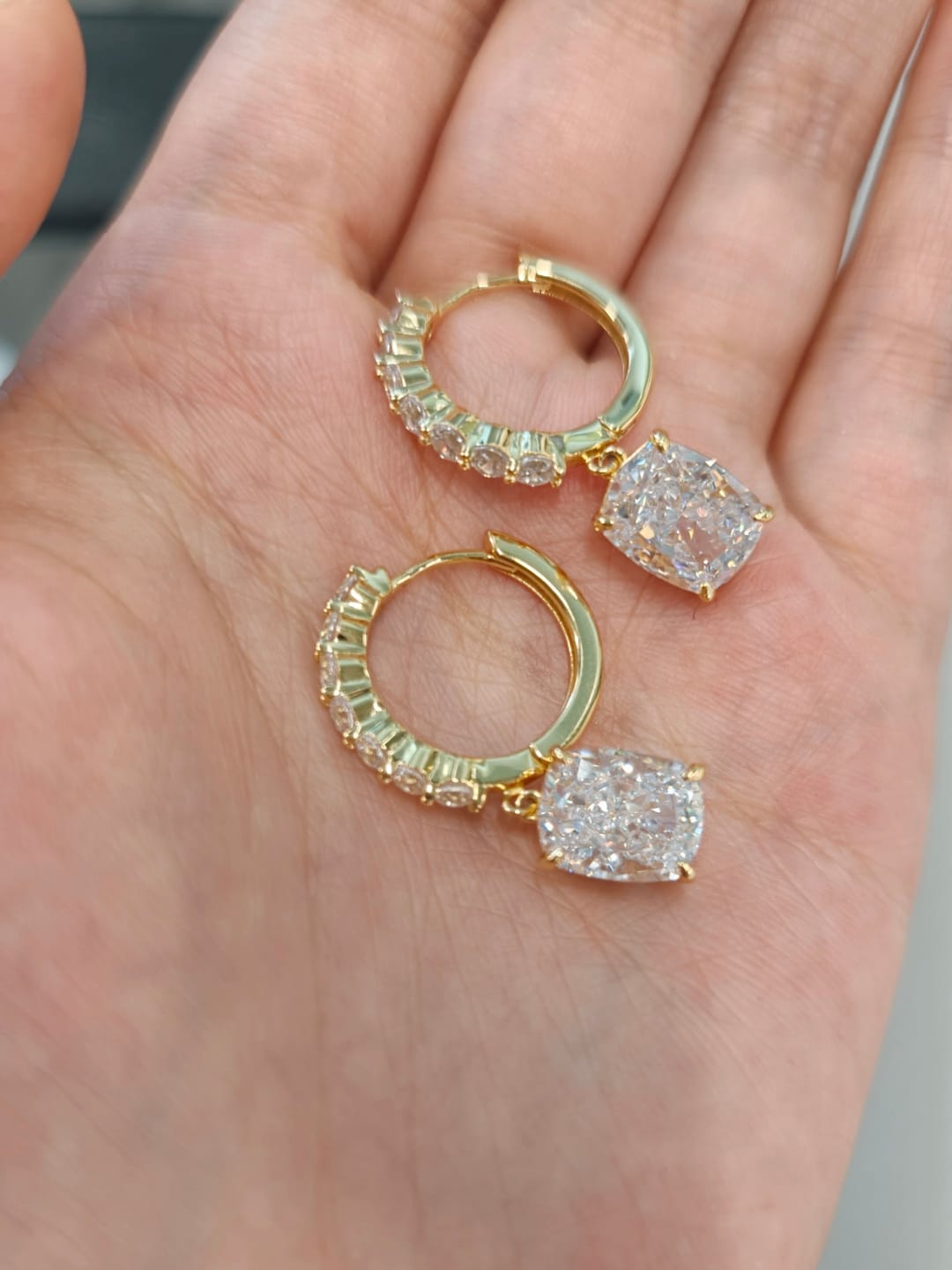Customer photo review of S925 Unique 4.0 Carat*2 Cushion Cut Yellow Gold Earrings In Sterling Silver For Everyday Wear