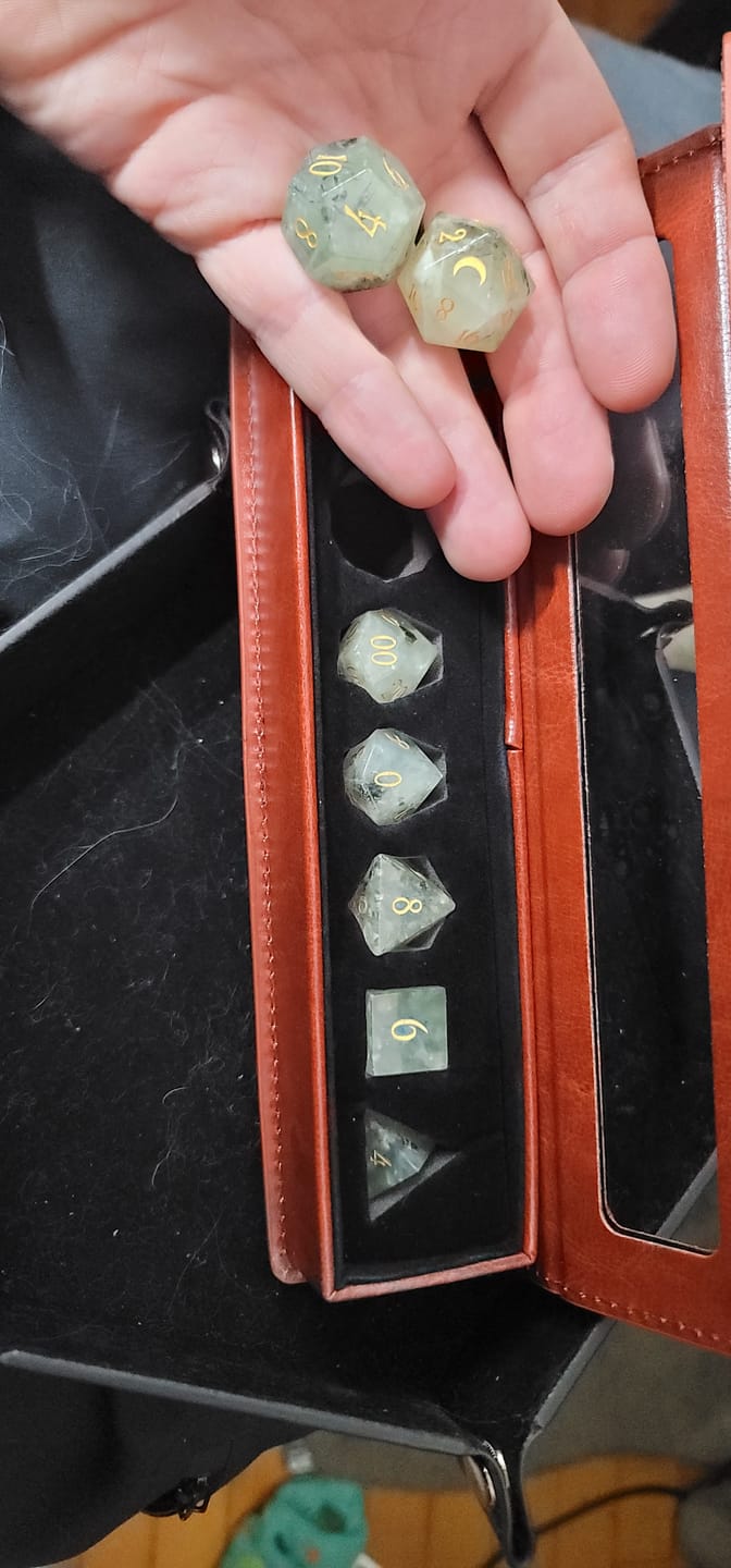 Customer photo review of URWizards D&D Prehnite Gemstone Engraved Dice Set(Limited edition)