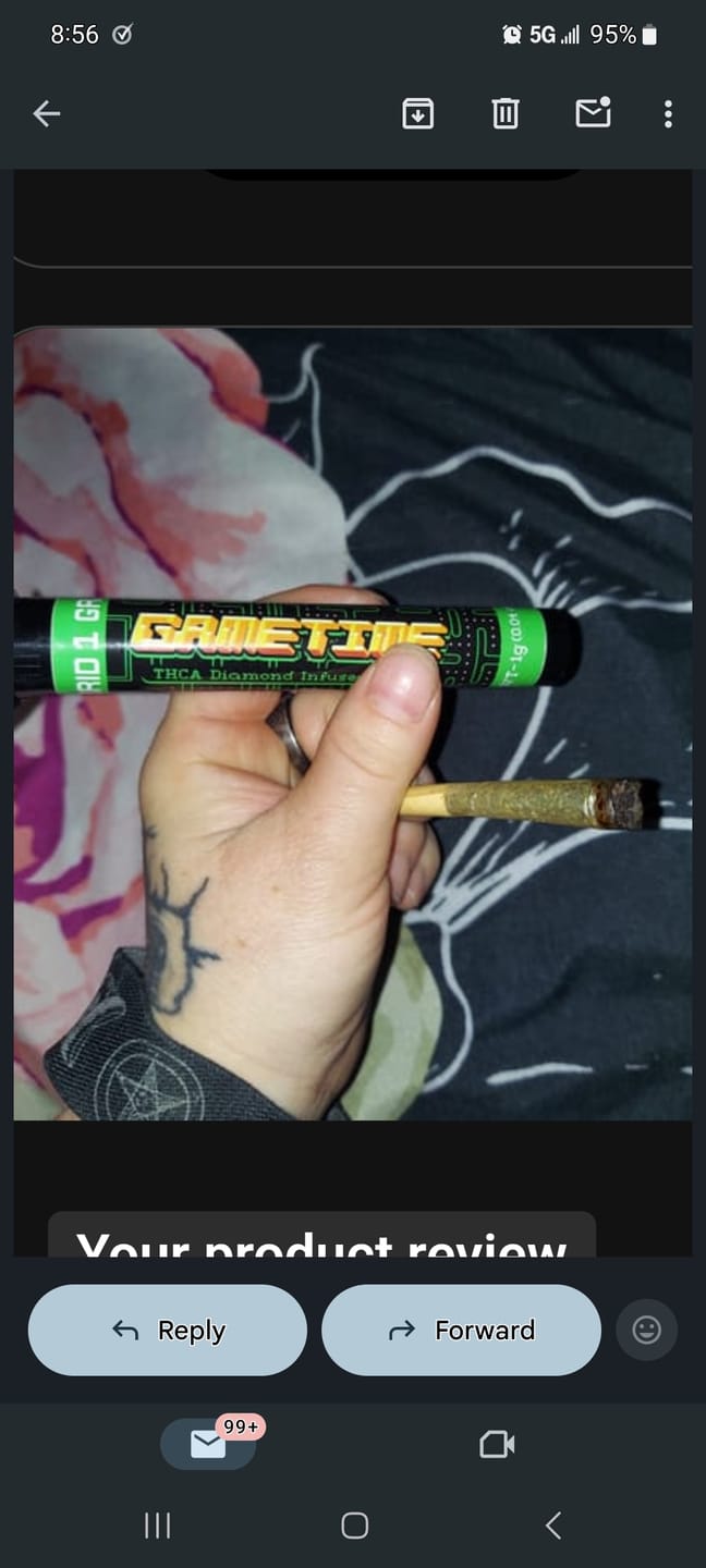 Customer photo review of Game Time Infused Preroll 1 Gram - Hybrid
