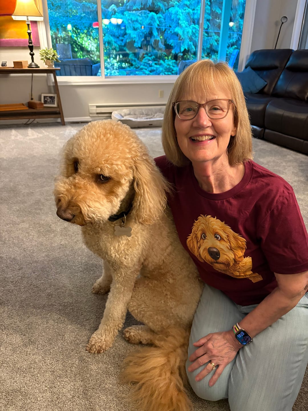 Customer photo review of Funny Peeking Golden Goldendoodle T-Shirt