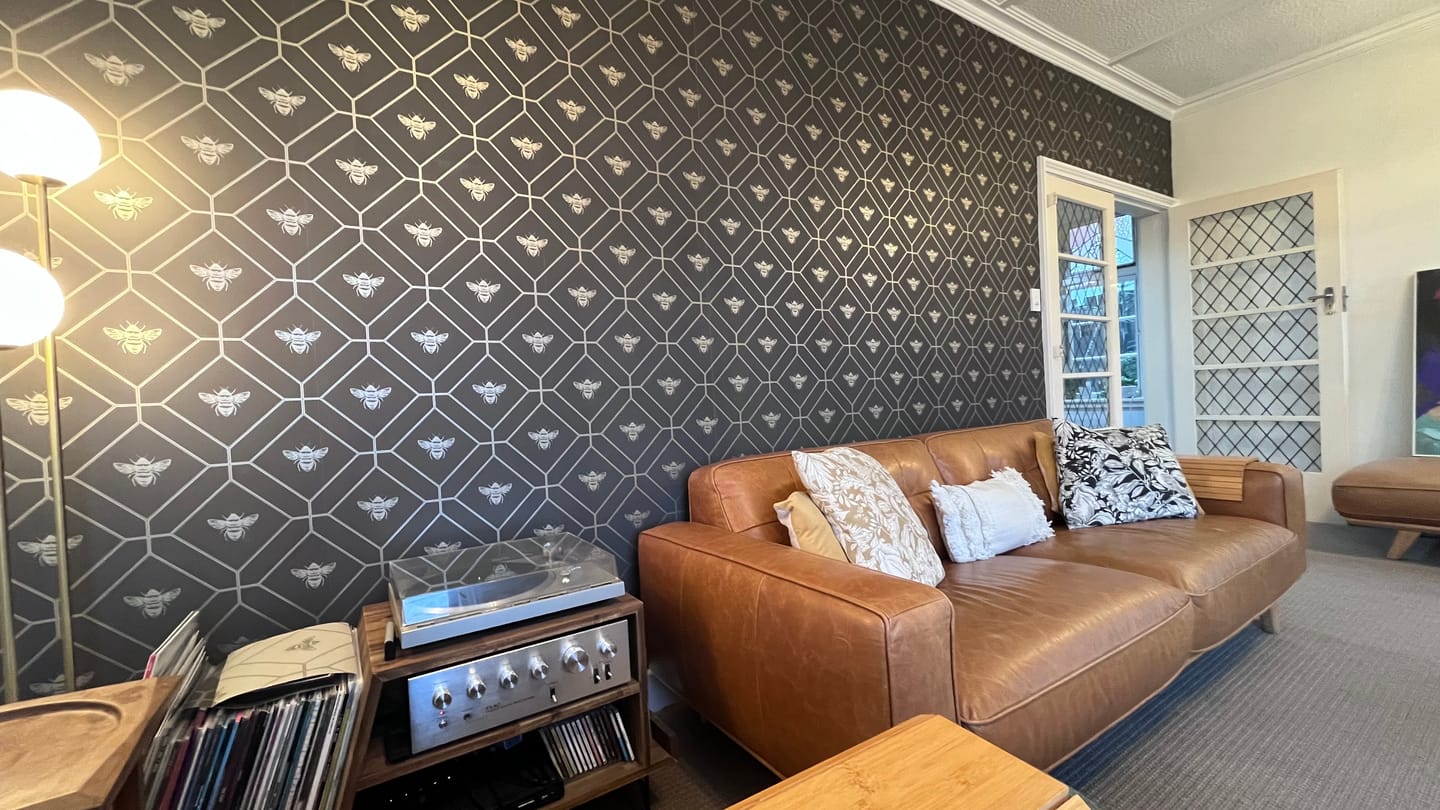 Customer photo review of Honeycomb Bee - Geometric Metallic Wallpaper - Sage Green