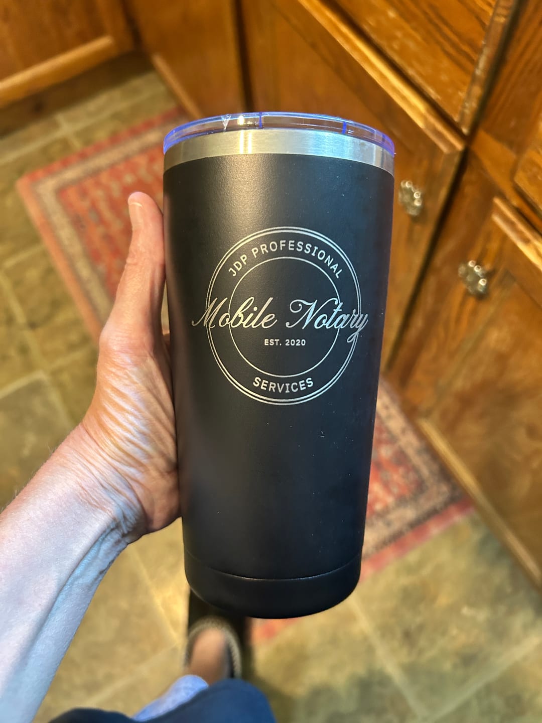 Customer photo review of $5 Sample - Custom 20 oz Tumbler with your Business Logo Engraved - Great Test Before Bulk Volume Order!