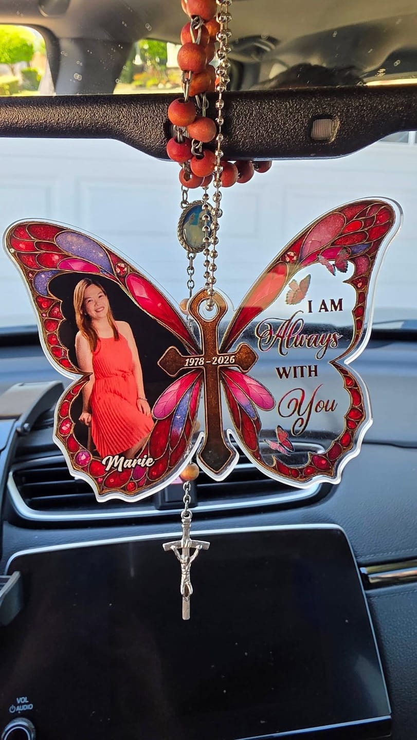 Customer photo review of Personalized Memorial Butterfly Car Hanger with Photo – Always With You