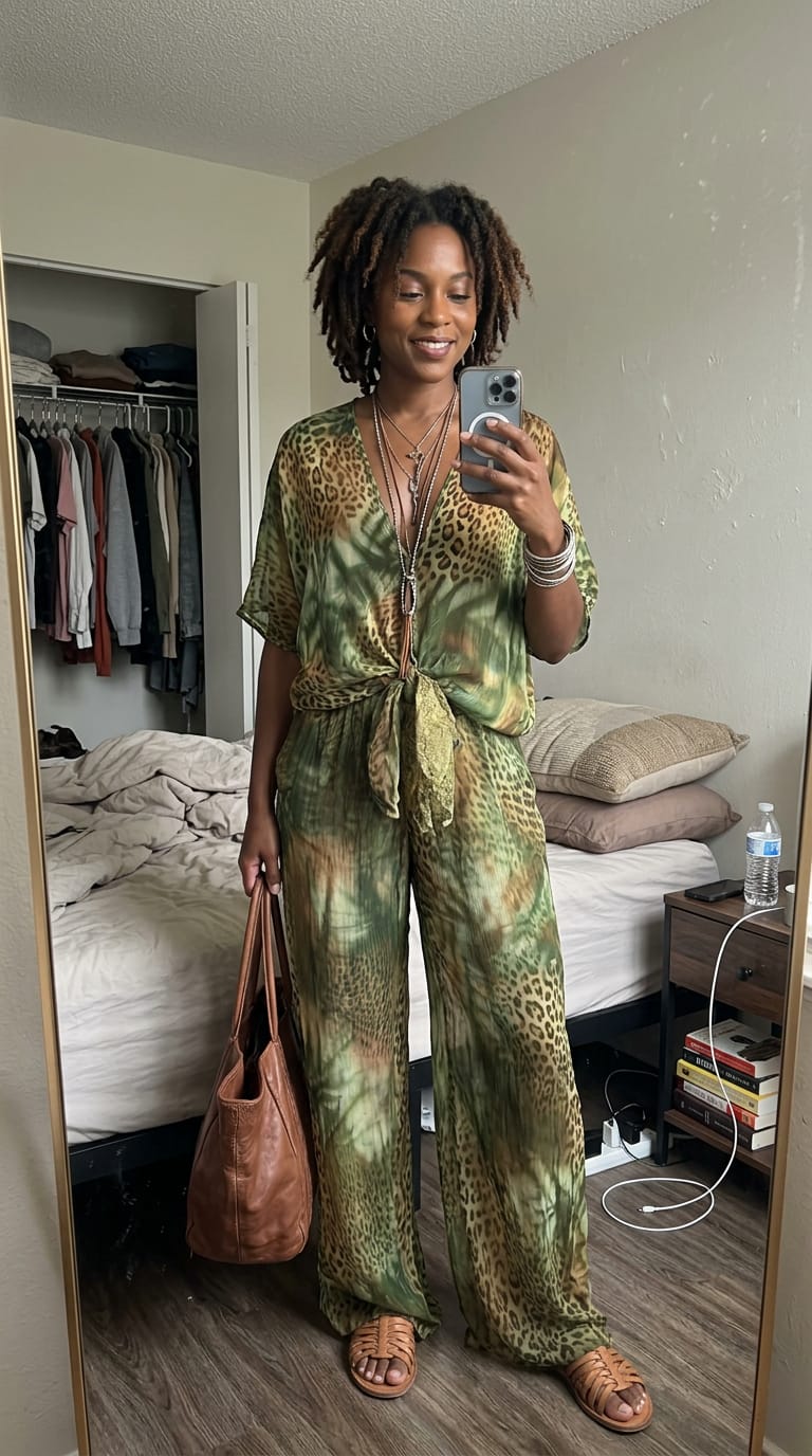 Customer photo review of High Waisted Wide Leg Contrast Color Elasticity Leopard Pockets Pants Trousers