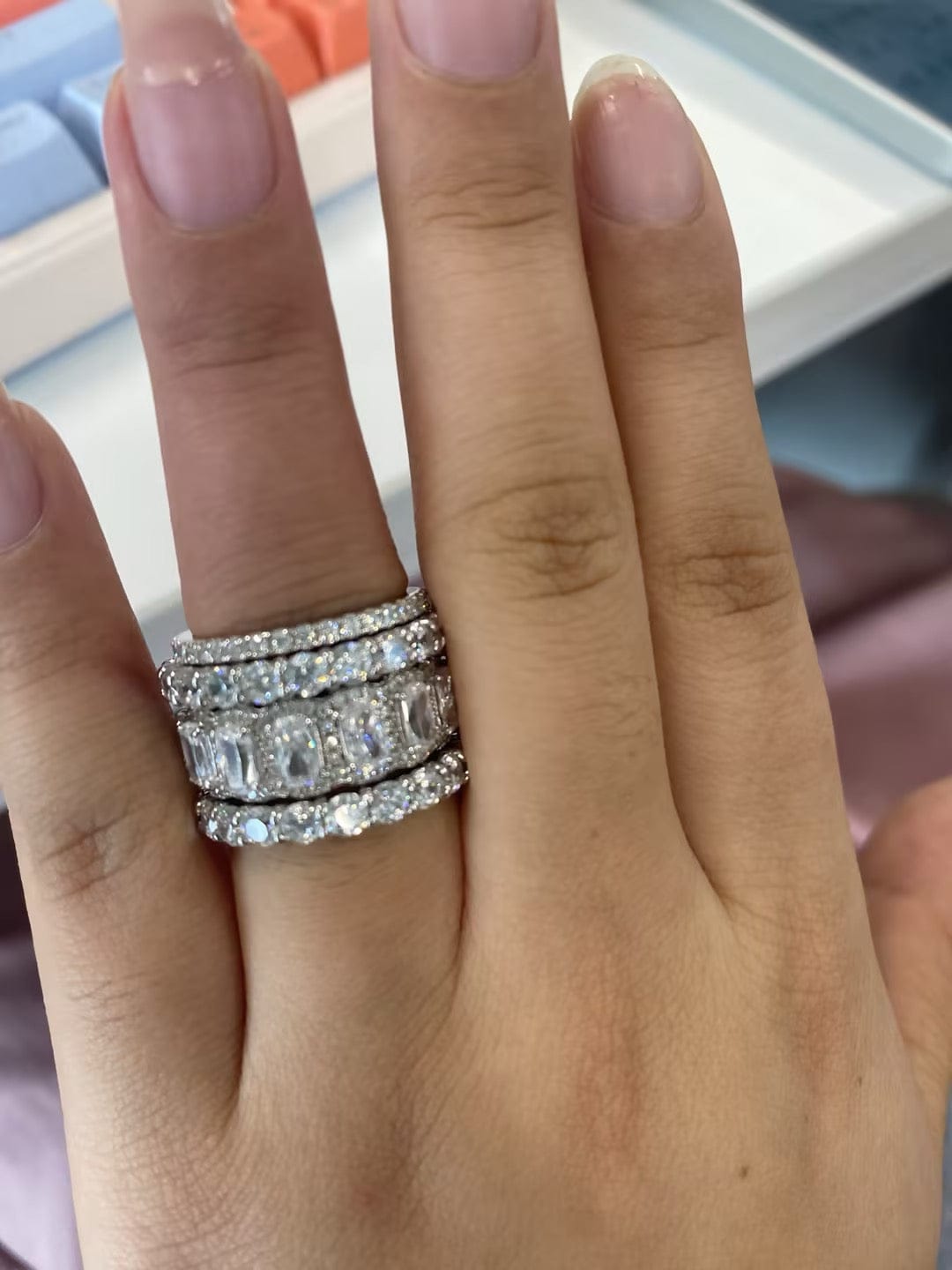 Customer photo review of S925 1.0Ct Cushion Cut 4PC Wedding Band Set Stackable Rings For Everyday Wear