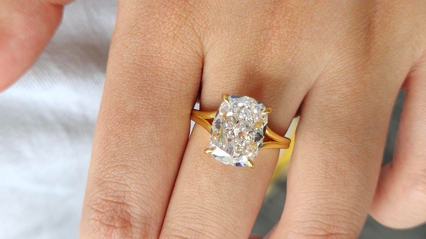 Customer photo review of S925 5.5Ct Cushion Cut Split Shank Engagement Ring Gold Plated Hidden Halo Bridal Ring For Everyday Wear
