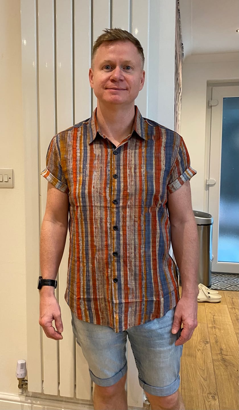 Customer photo review of Men's Casual Retro Multicolor Striped Holiday Button Up Short Sleeve Shirt