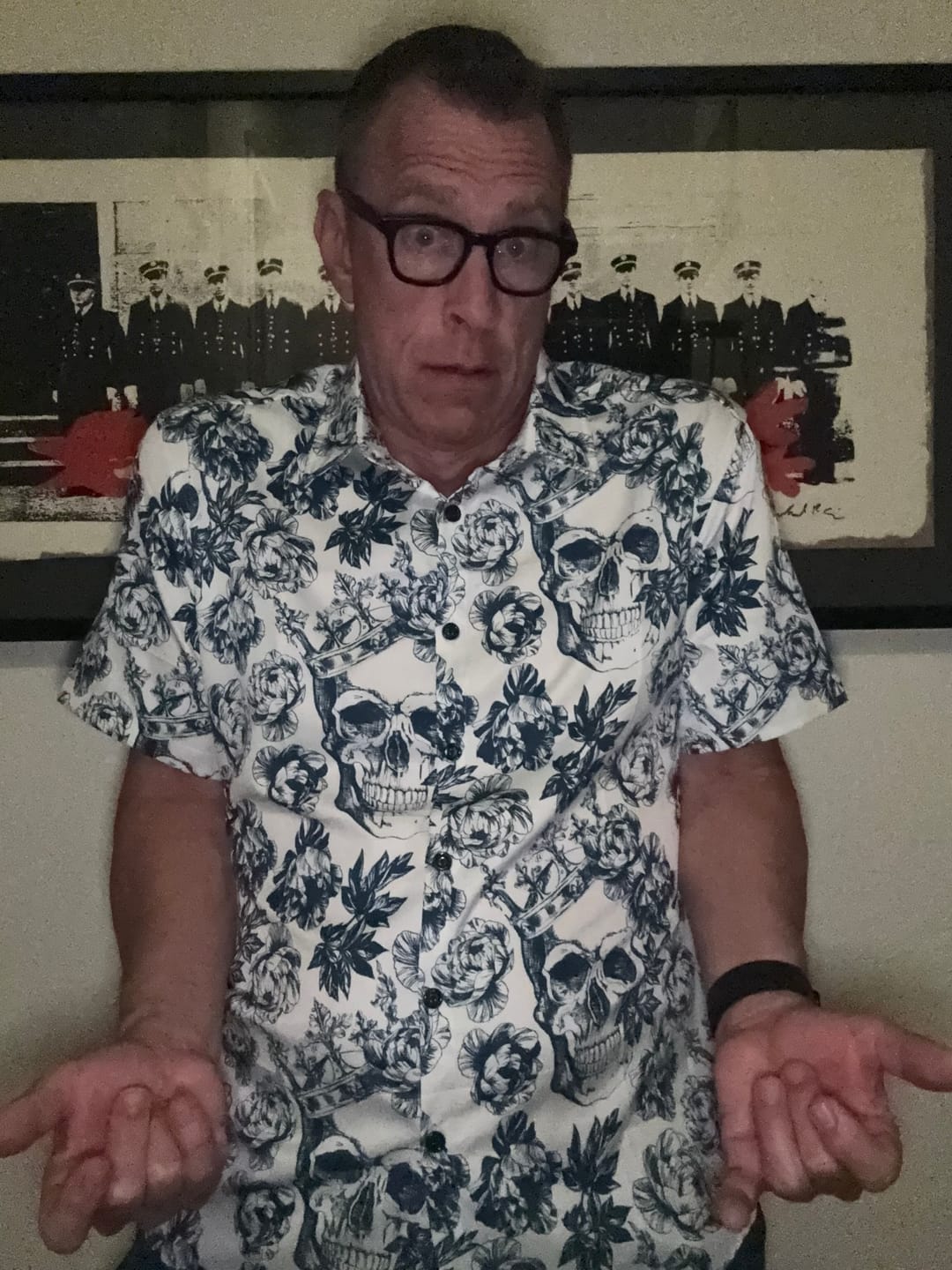 Customer photo review of Men's Punk Rock Crown Floral Skull Print Short Sleeve Shirt