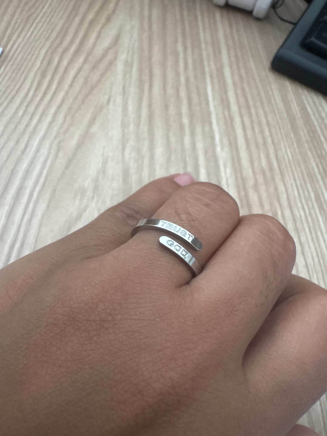 Customer photo review of Silver Trust God Ring  (Adjustable size)