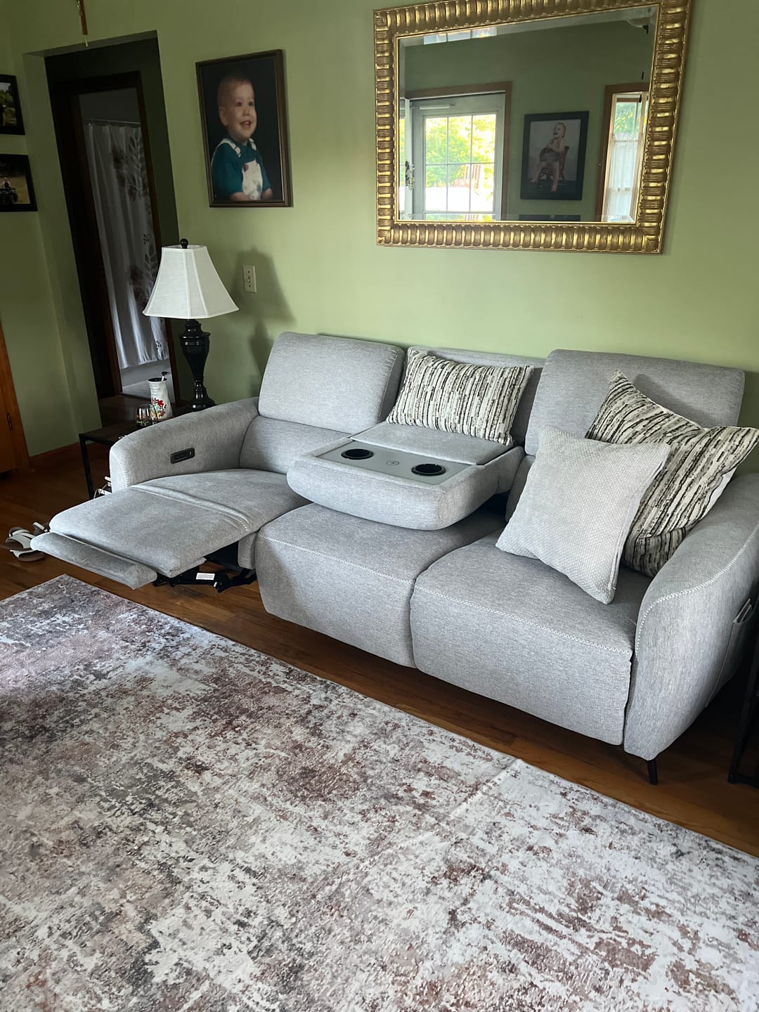 Customer photo review of AeroStretch Power Zero Wall Hugger Reclining Sofa with Drop Down Table Tray