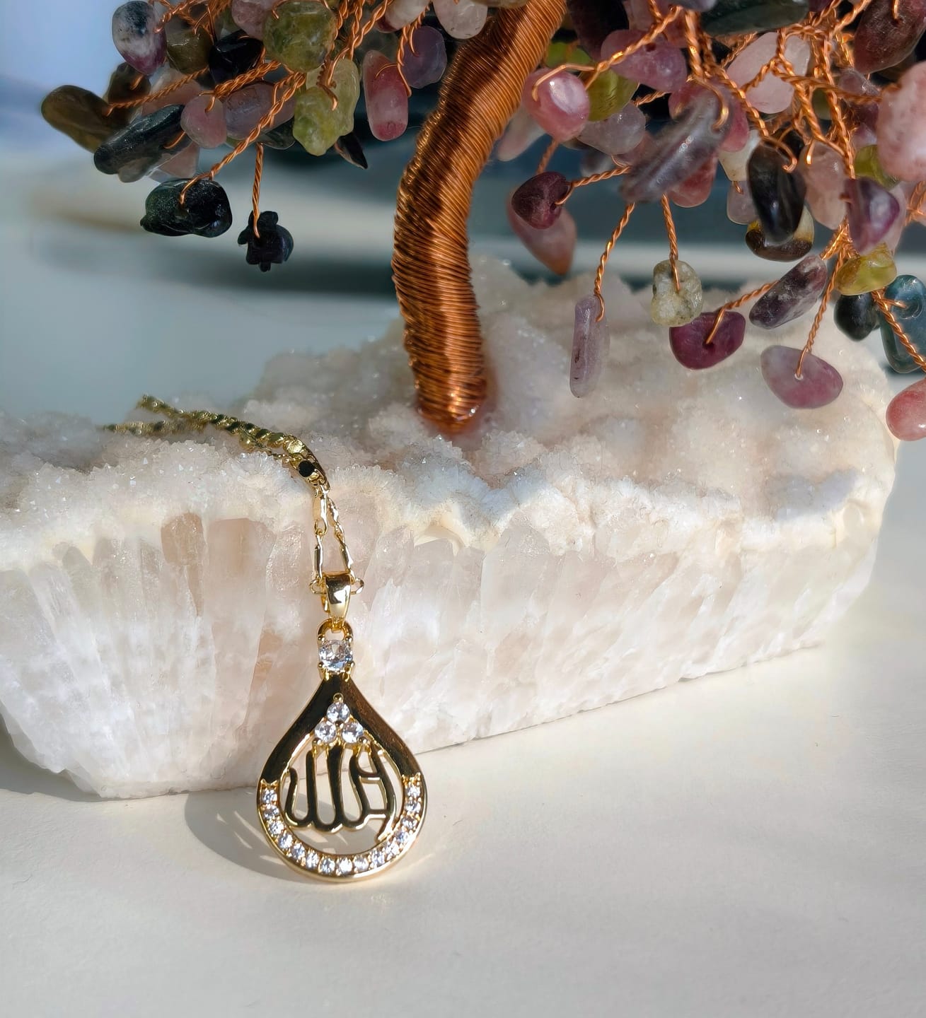 Customer photo review of HilalHaven Dew of Grace Teardrop Allah Necklace — Crystal Accent Pendant