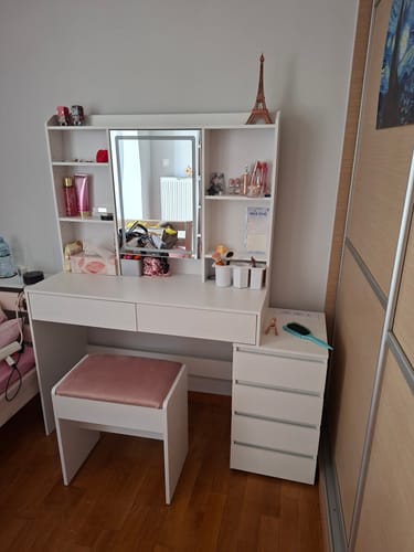 Customer photo review of Τραπέζι Μπουντουάρ Μακιγιάζ Tουαλέτας 40 x 124,7 x 145 εκ. με Καθρέφτη και φώτα LED Πολύπριζο Συρτάρια καθρέφτης 3 χρώματα Φωτός RD-T644WB01