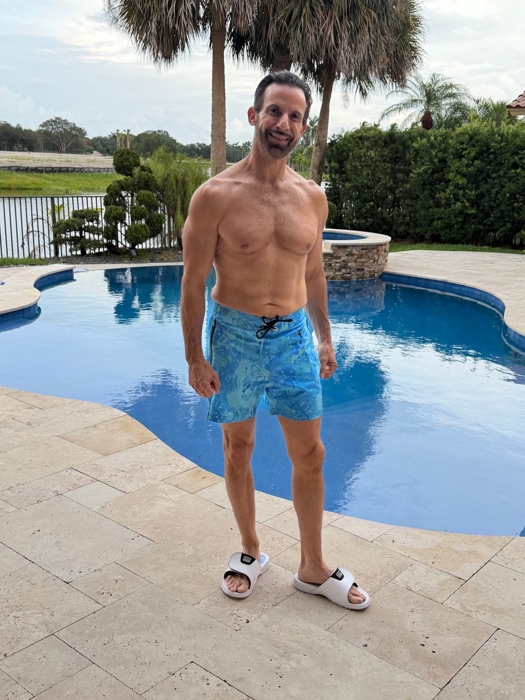 Customer photo review of Splatter Swim Shorts Blue - 5"