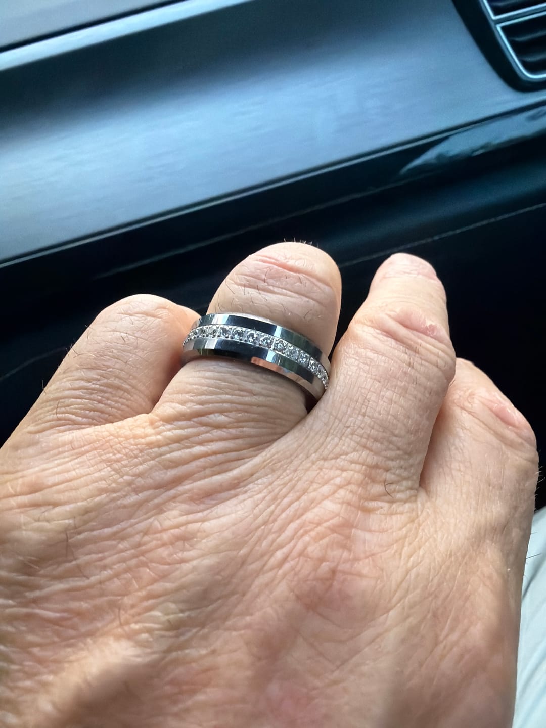 Customer photo review of 8mm - Tungsten Carbide Wedding Band Fully Stacked Cubic Zircon Beveled Edge Comfort Fit