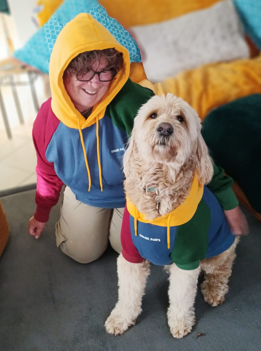 Customer photo review of Primary Color Block Dog Hoodie