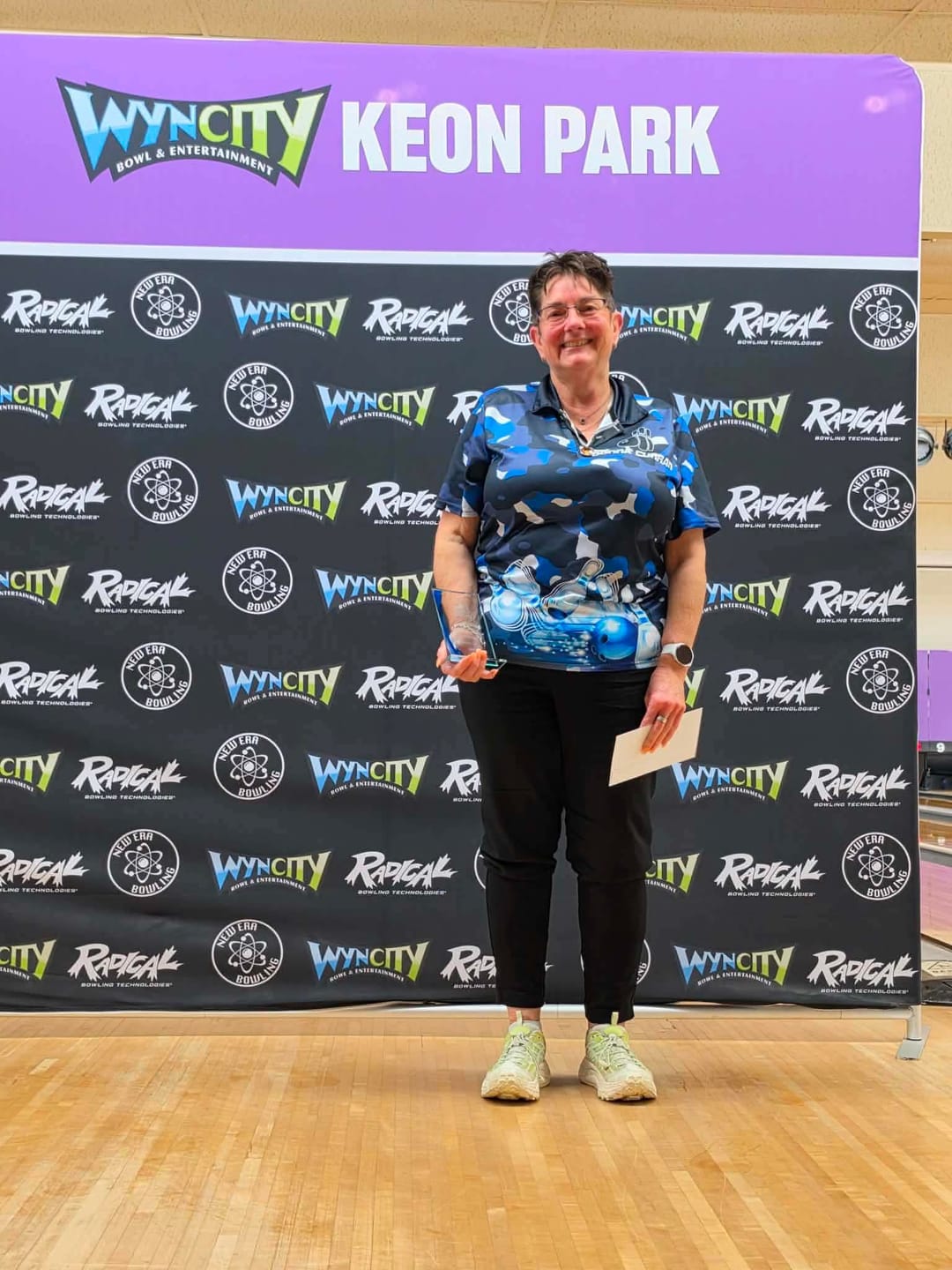 Customer photo review of Maxcorners Blue Camo Bowling Premium Customized Name 3D Shirt For Women