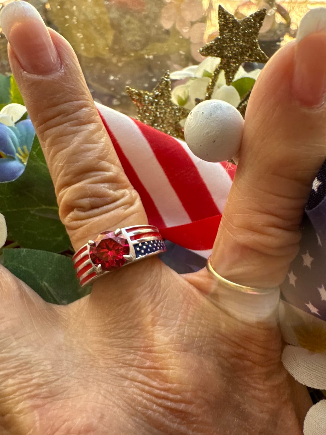 Customer photo review of Round Moissanite Engagement Ring with American Flag Enamel Band