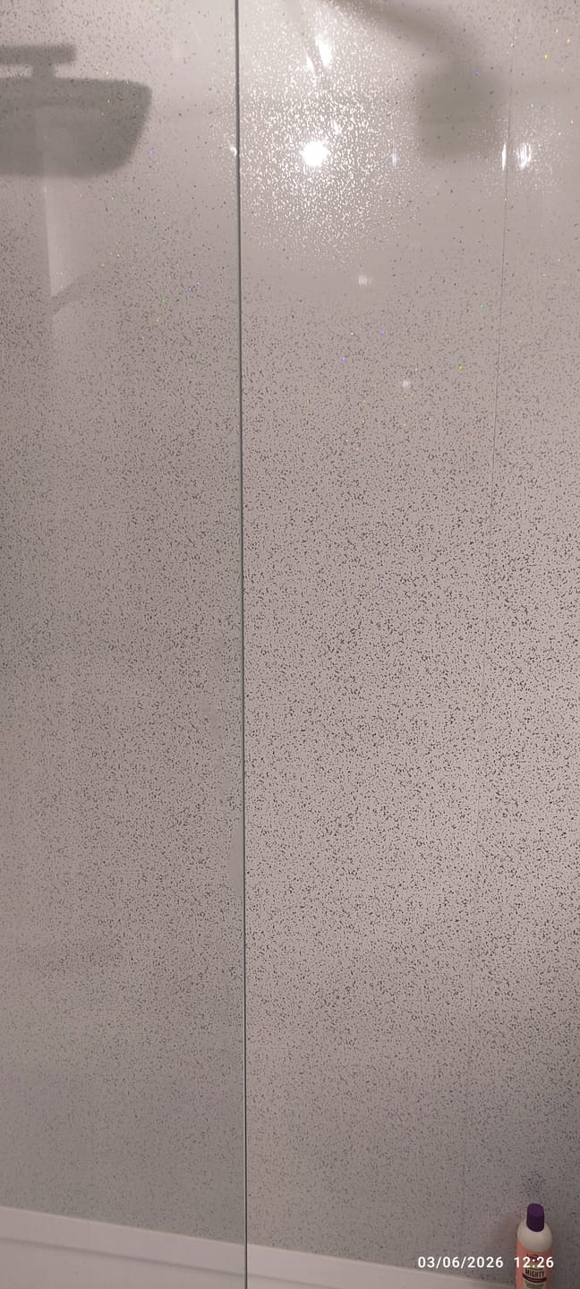 Customer photo review of 10mm Platinum White Sparkle Gloss Shower Panel 1M x 2.4M