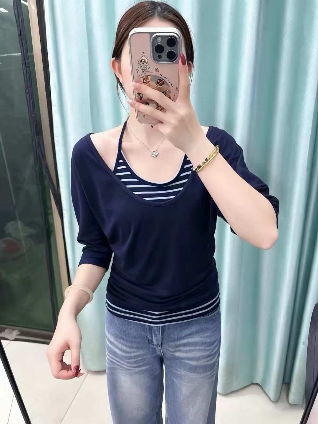 Customer photo review of IAMXIAA Navy Layered Stripe Halter & Slouchy V-Neck Top