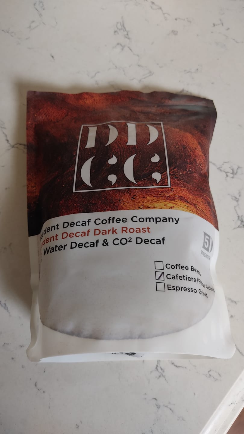 Customer photo review of Decadent Decaf Dark Roast Decaffeinated Coffee Blend - Swiss Water Decaf/CO2 Process - Strength 5