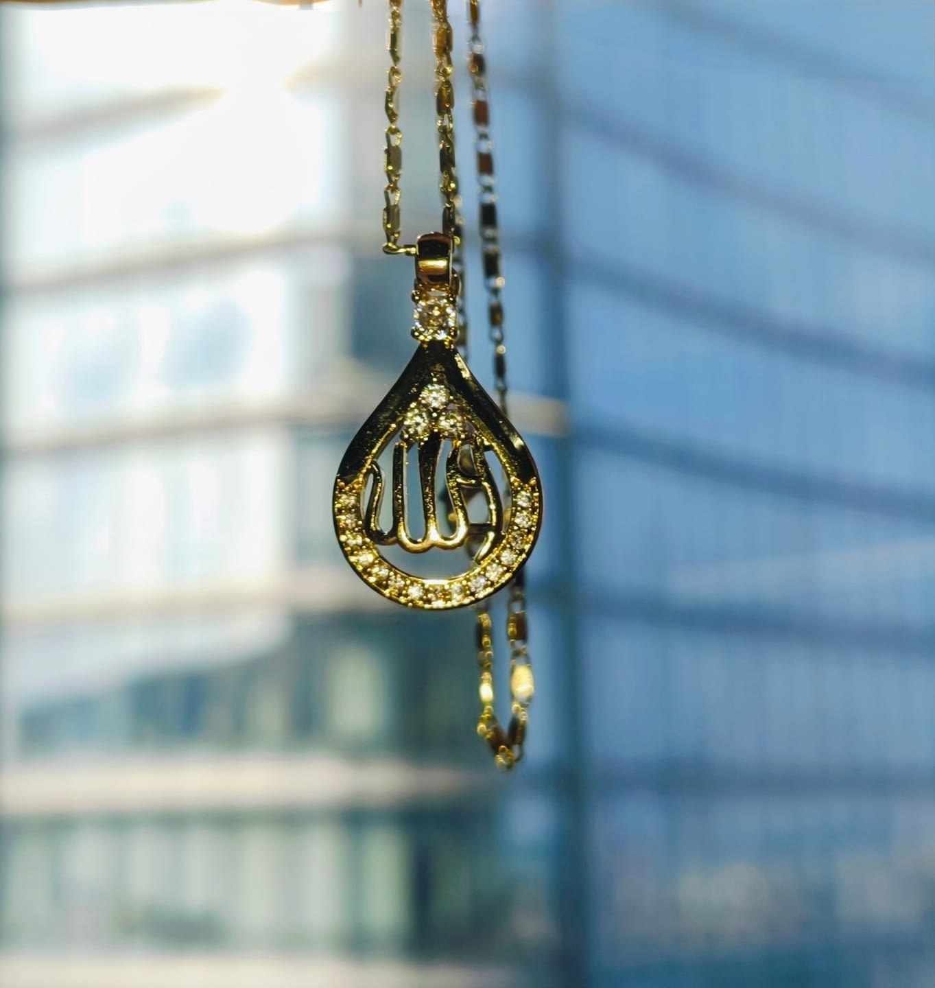 Customer photo review of HilalHaven Dew of Grace Teardrop Allah Necklace — Crystal Accent Pendant