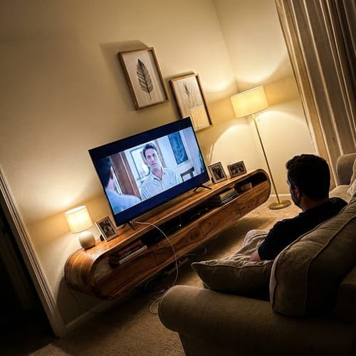 Customer photo review of Minimalist Solid Wood TV Stand with Sculptural Drawer Storage for Living Room