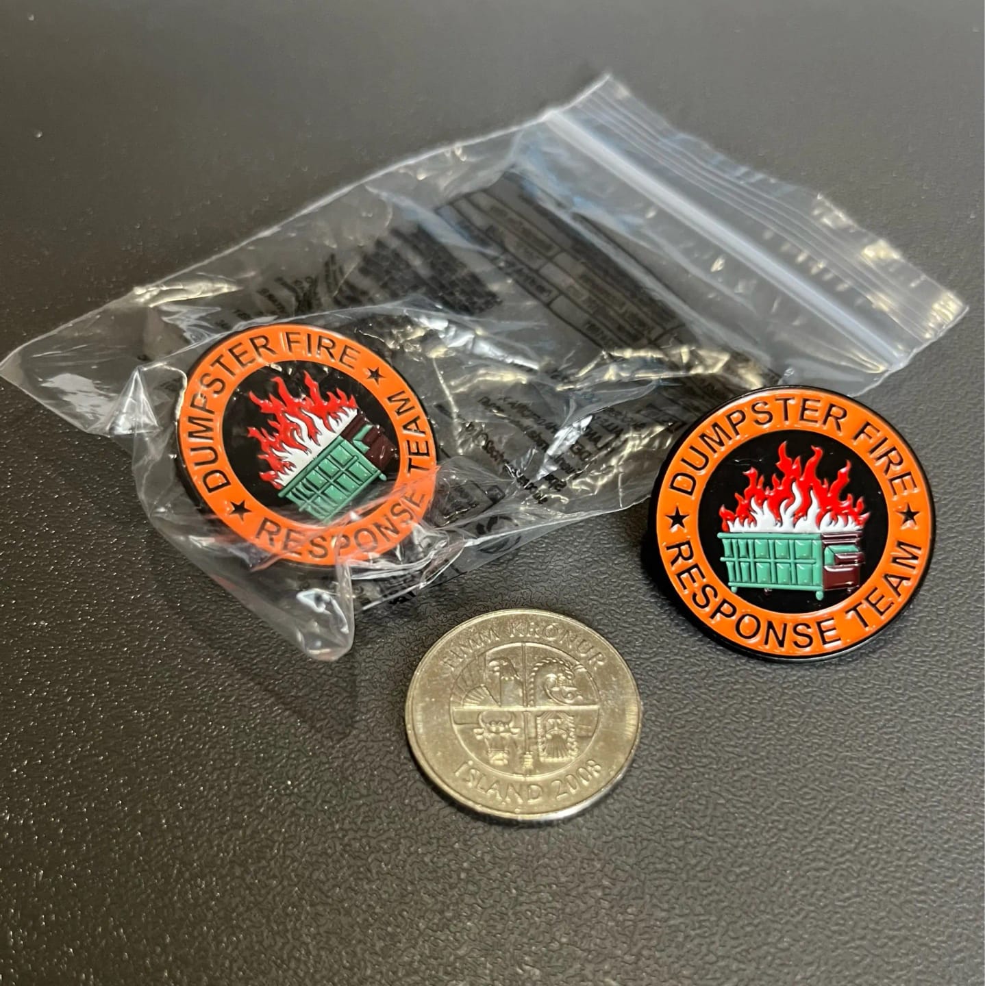Customer photo review of Dumpster Fire Pin