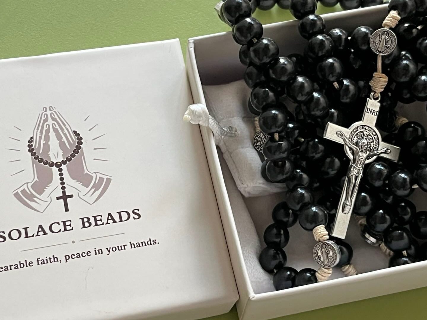 Customer photo review of SolaceBeads 15 Decade Ebony Wood Rosary With St. Benedict Medals & Crucifix: Protective Strength