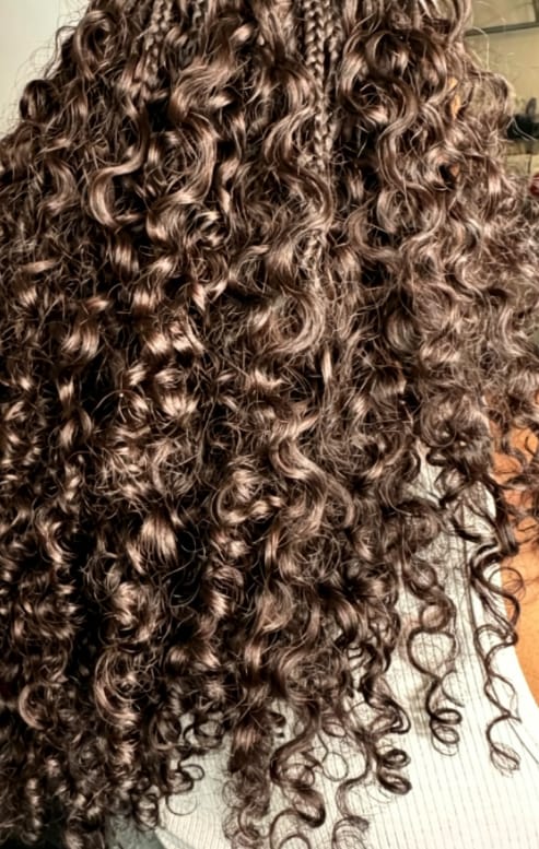 Customer photo review of Wavymy Chocolate Brown Burmese Curly Feather Crochet Human Hair Boho Braids Hair Extensions