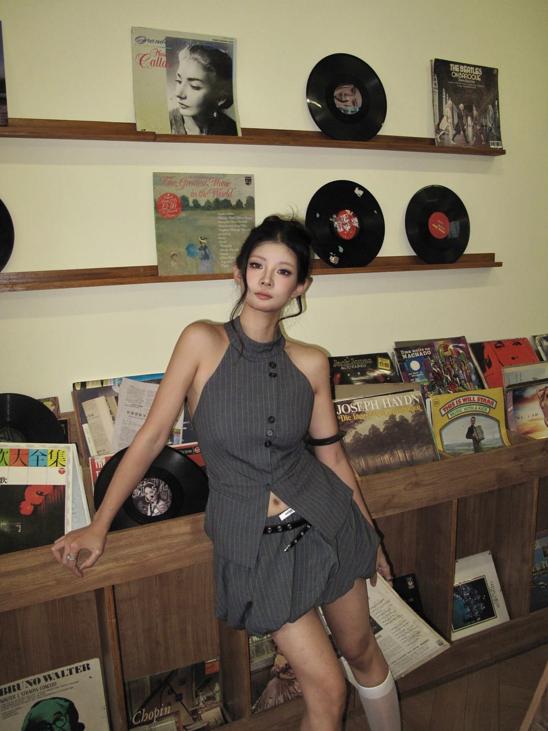 Customer photo review of WARDEN EDGE Raw Edge Pinstripe Halter Top & Volume Bubble Mini Skirt Set