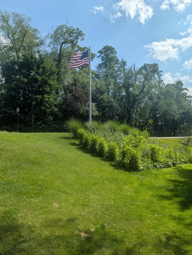 Customer's heavy duty American flag flying on a tall pole in a grassy yard.